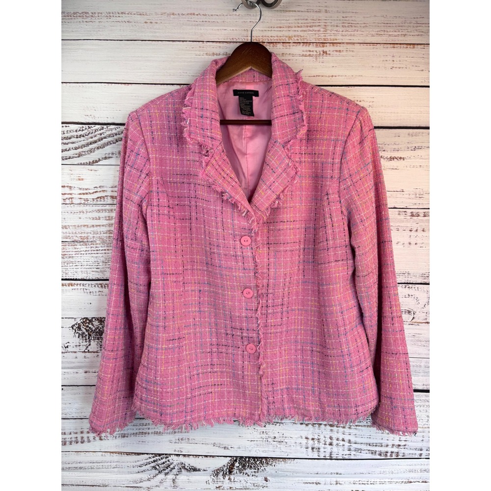 Anne Carson Pink Tweed Blazer Jacket Fringe Trim Silk/Cotton Career Party